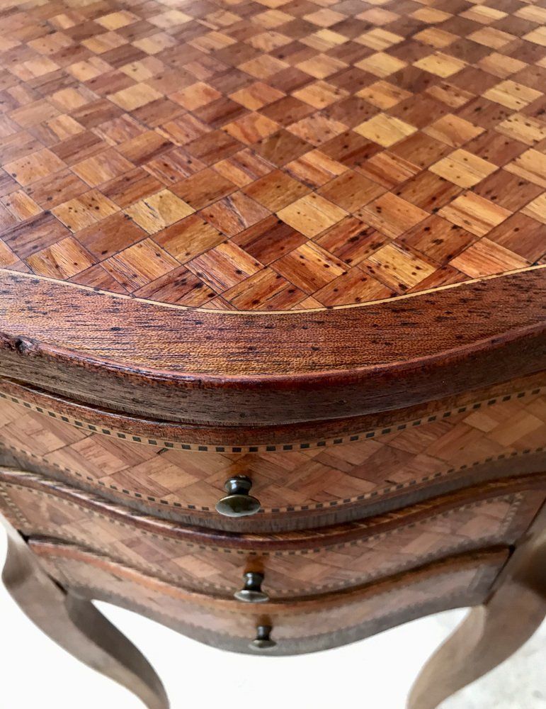 Louis XV Inlaid Walnut 3 Drawer Side Tables Or Nightstands With Marquetry, Set Of 2 photo buy