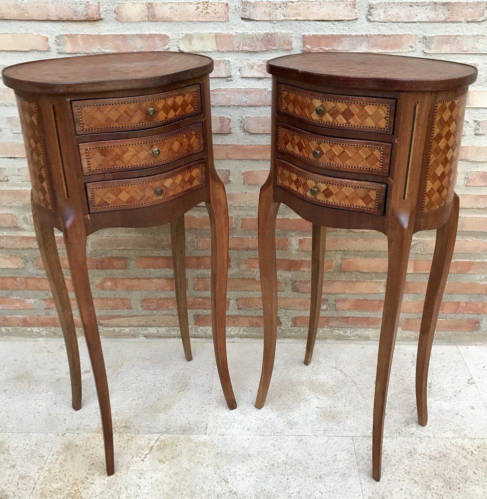 3972.0 Louis XV Inlaid Walnut 3 Drawer Side Tables Or Nightstands With Marquetry, Set Of 2 photo
