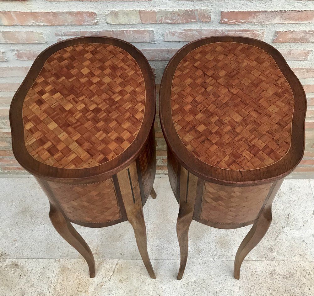 photo vintage Louis XV Inlaid Walnut 3 Drawer Side Tables Or Nightstands With Marquetry, Set Of 2
