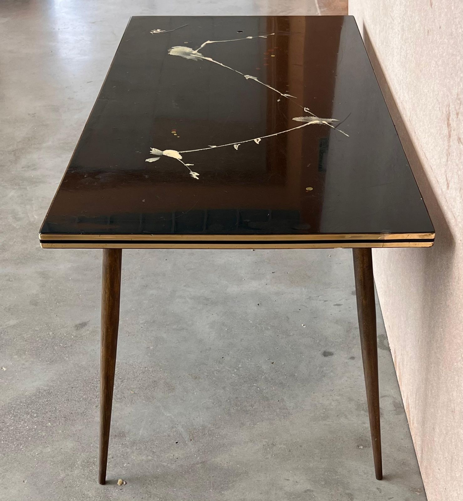 Italian Mid Century Modern Black & Gold Coffee Table With Abstract Painting Top photo for sale