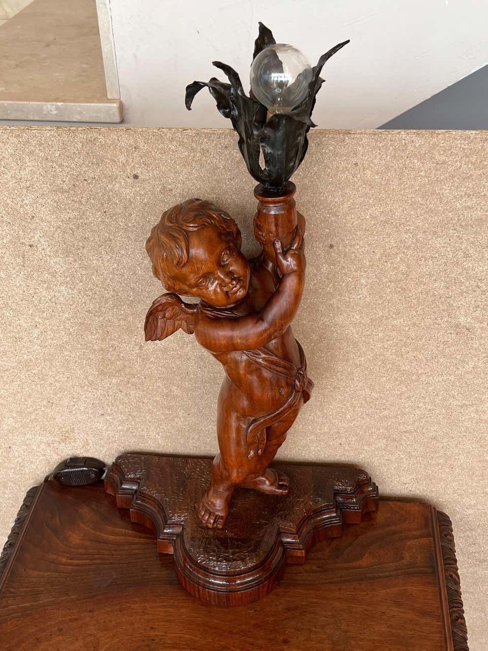 19th Pair Of Italian Hand Carved Walnut Monumental Nightstands With Lamp photo vintage
