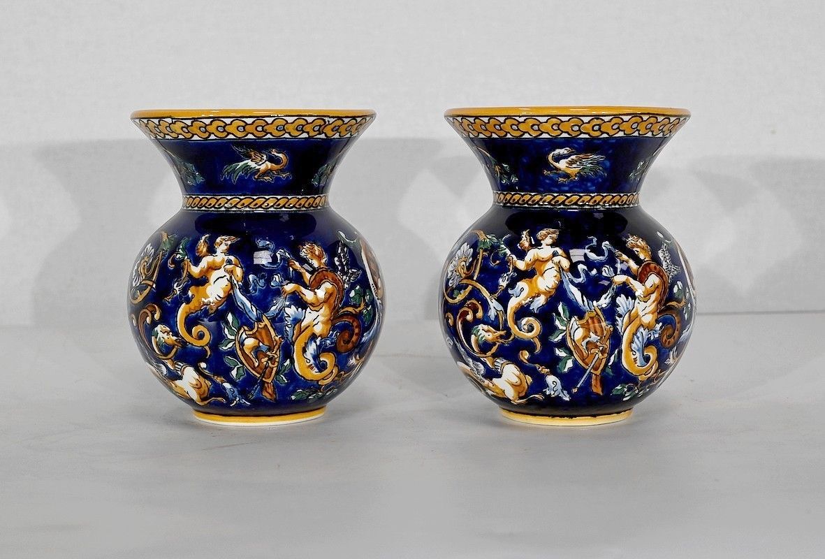 1184.5 Tray And Vases In Gien Earthenware, Renaissance Style, Early 20th Century photo
