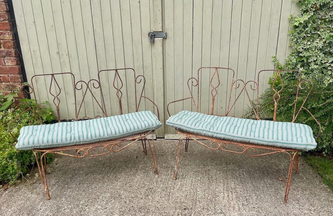 A Rare Pair Of Antique French Metal Outdoor Benches