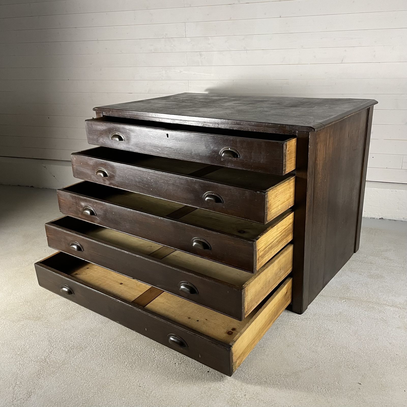 Antique Stained Pine 5 Drawer Plan Chest photo for sale