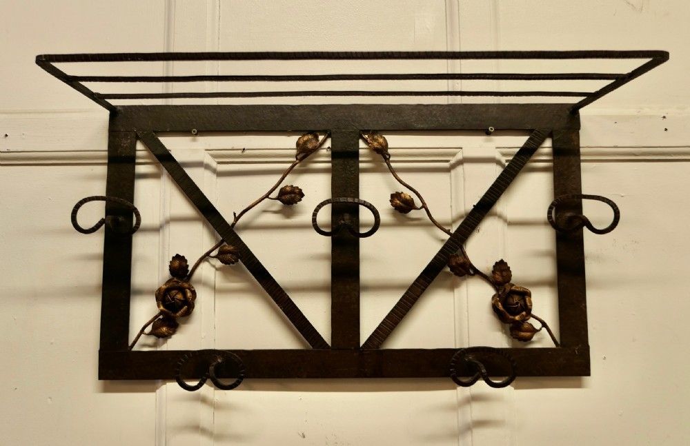 French Art Deco Iron Hat And Coat Rack With Shelf Decorated With Roses