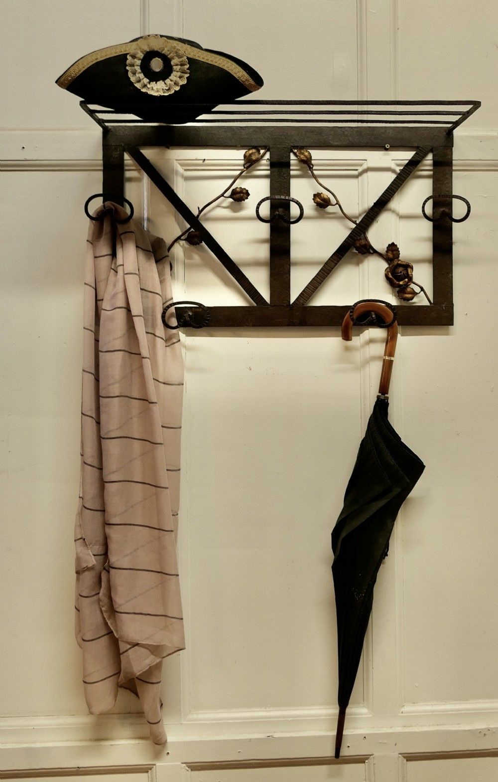 French Art Deco Iron Hat And Coat Rack With Shelf Decorated With Roses photo 714.0