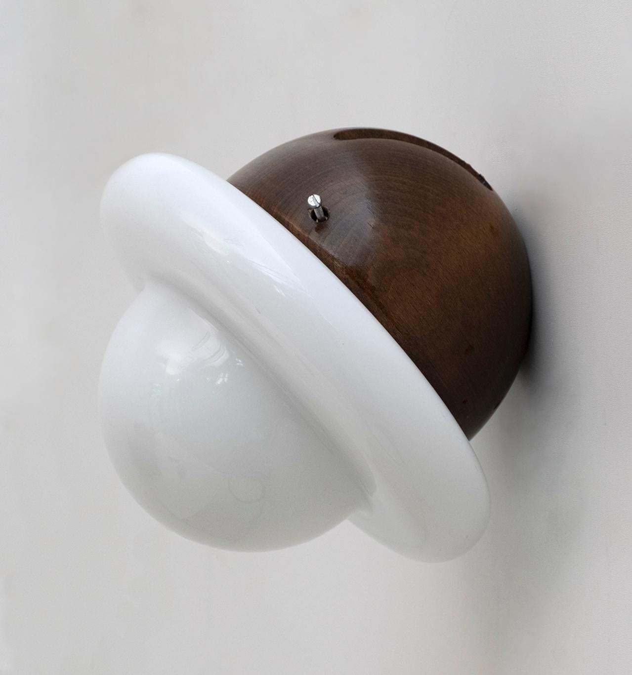 Pair Of Mid Century Modern Italian Opaline Glass And Wood Sconces, 1960s photo for sale