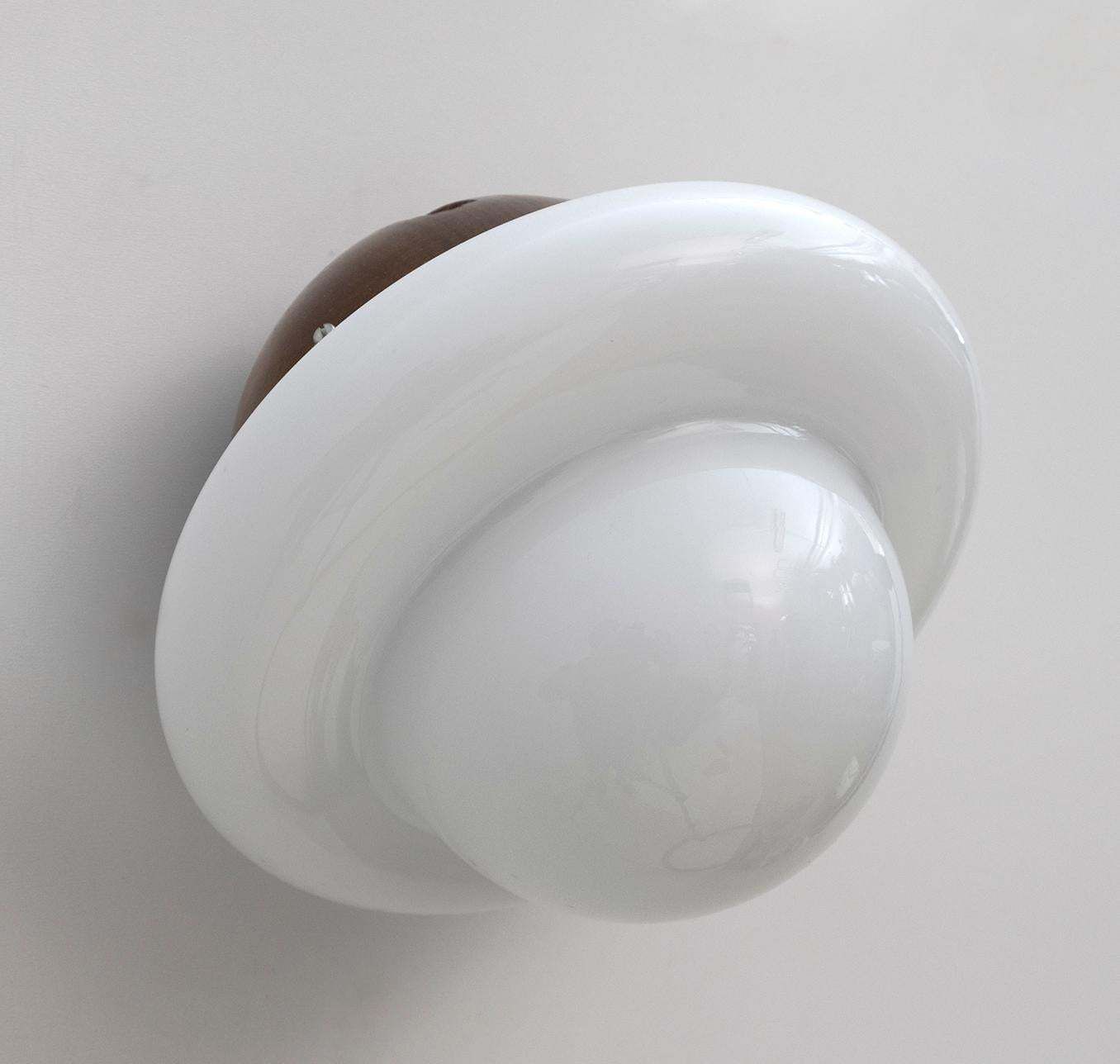 Pair Of Mid Century Modern Italian Opaline Glass And Wood Sconces, 1960s photo Lighting