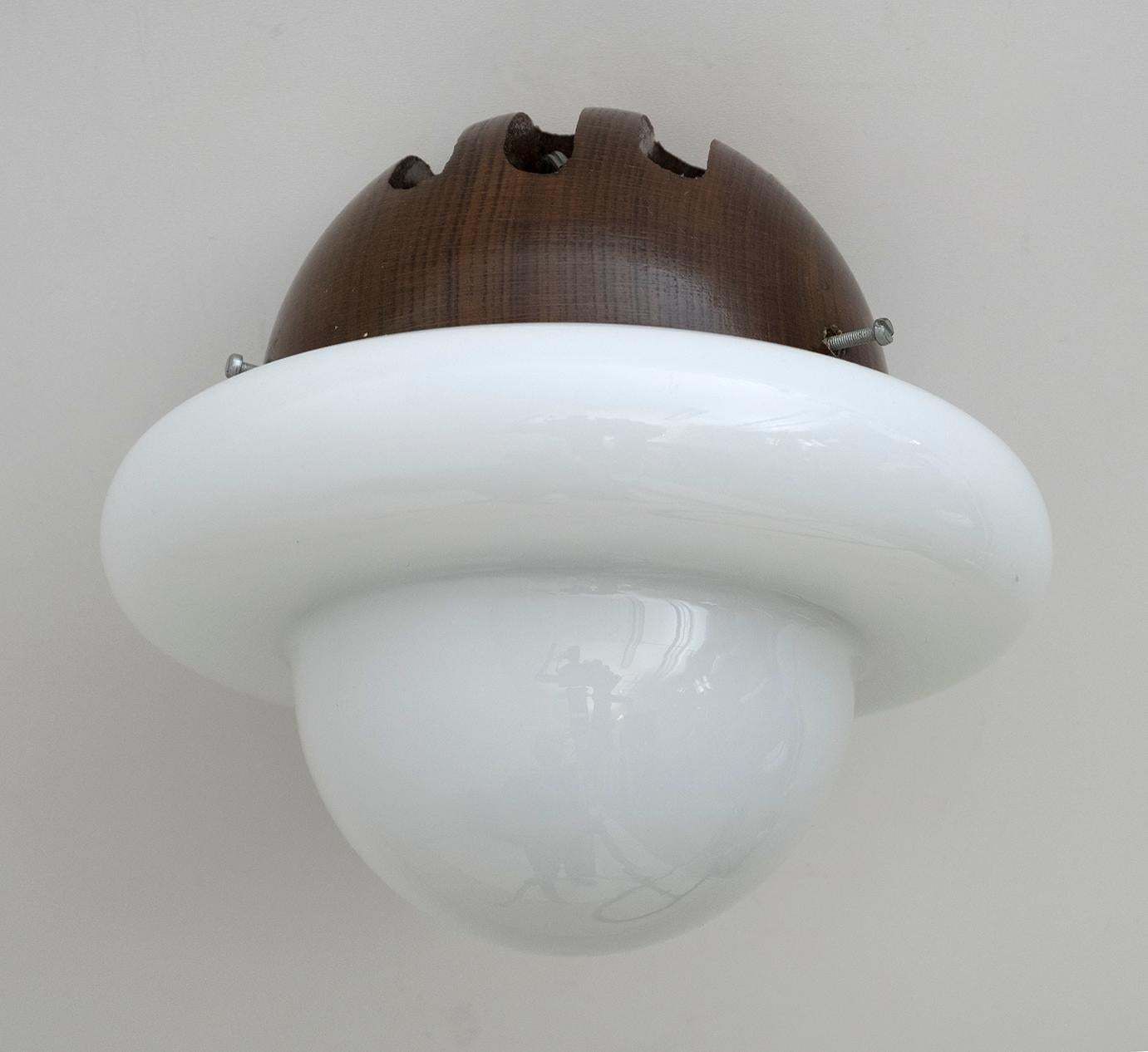 Pair Of Mid Century Modern Italian Opaline Glass And Wood Sconces, 1960s photo buy