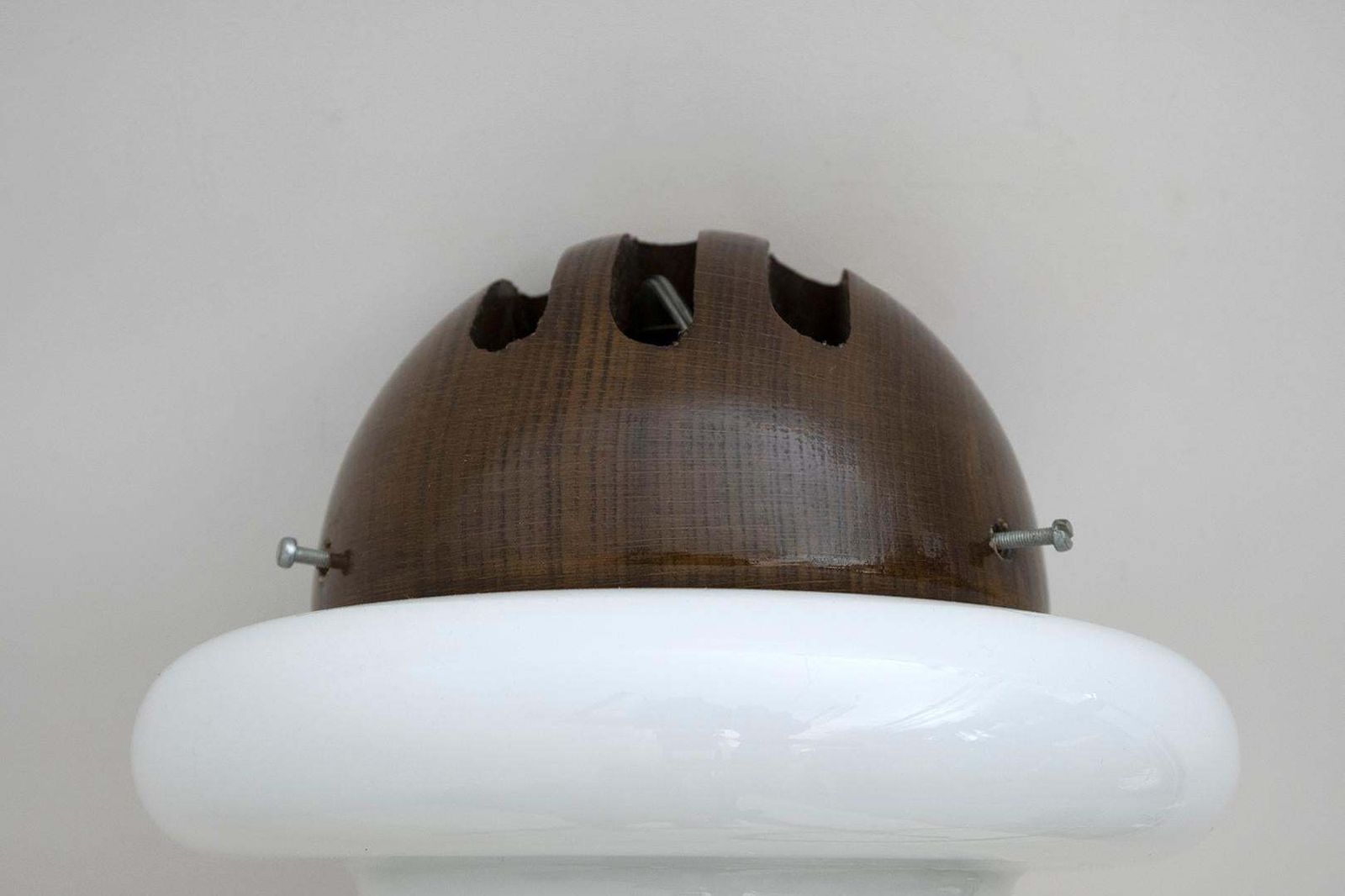 photo for sale Pair Of Mid Century Modern Italian Opaline Glass And Wood Sconces, 1960s