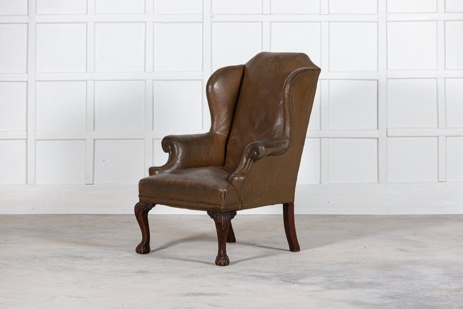 Large 19thc English Olive Leather & Mahogany Wingback Armchair
