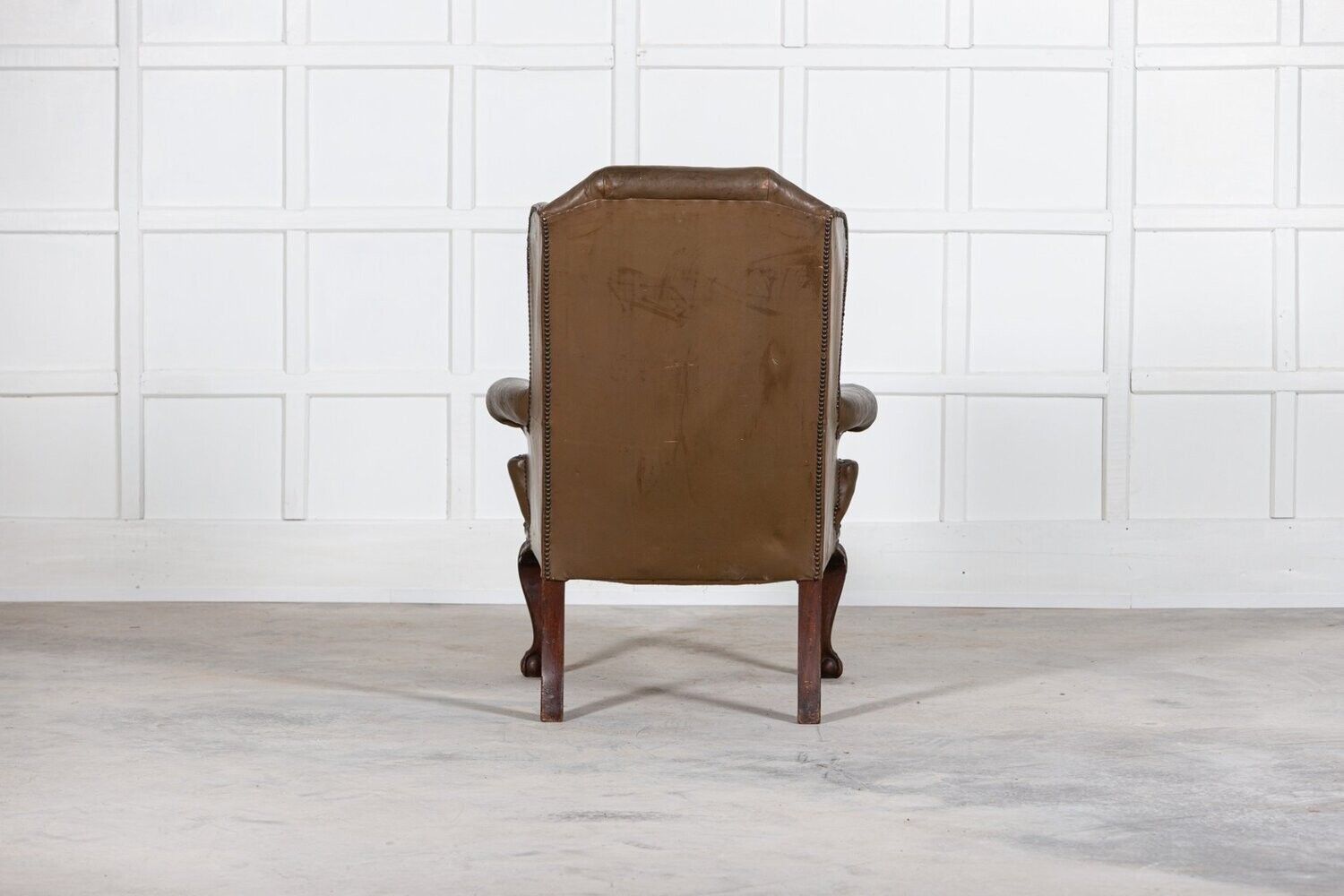 Large 19thc English Olive Leather & Mahogany Wingback Armchair photo 3163.0