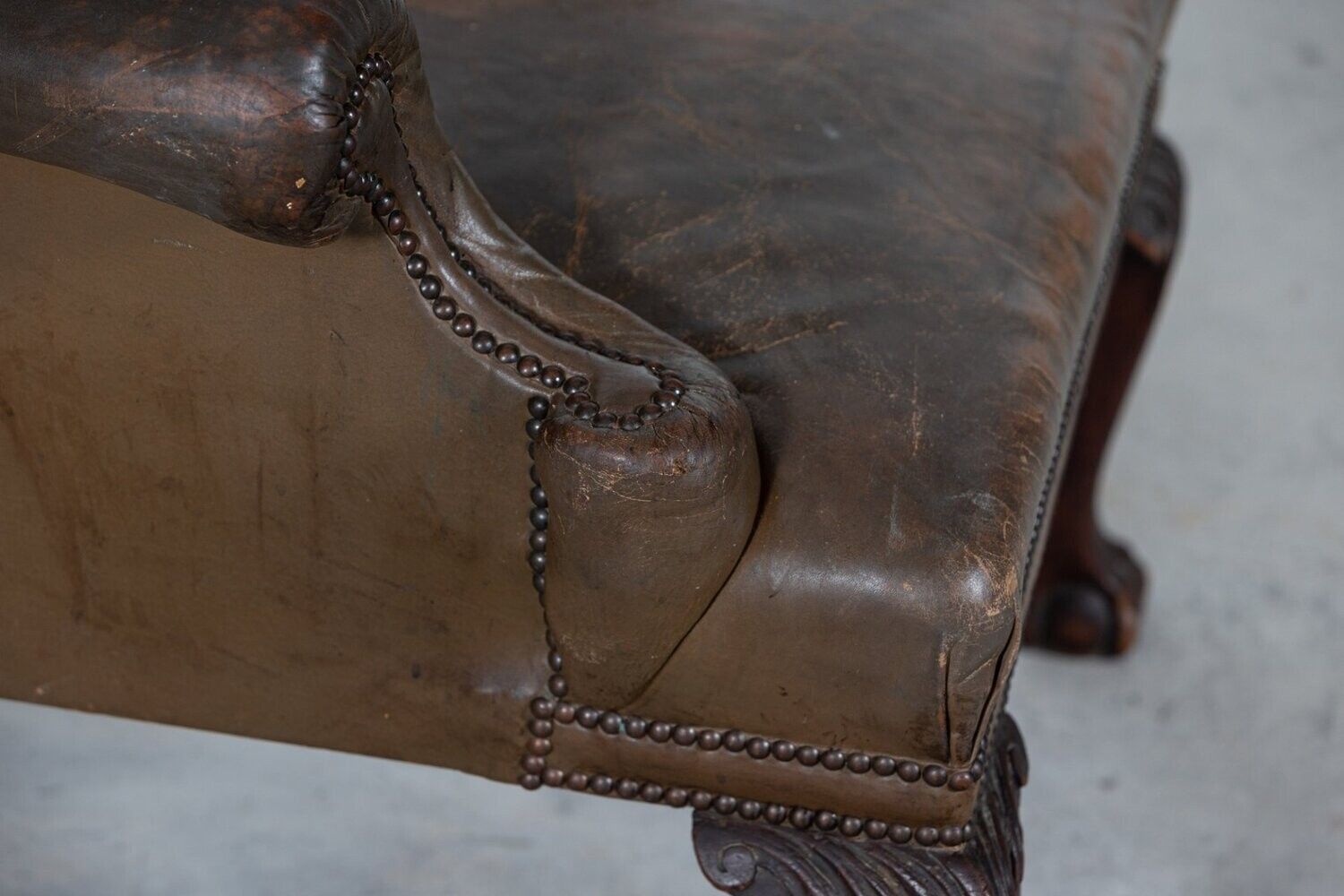 Large 19thc English Olive Leather & Mahogany Wingback Armchair photo buy