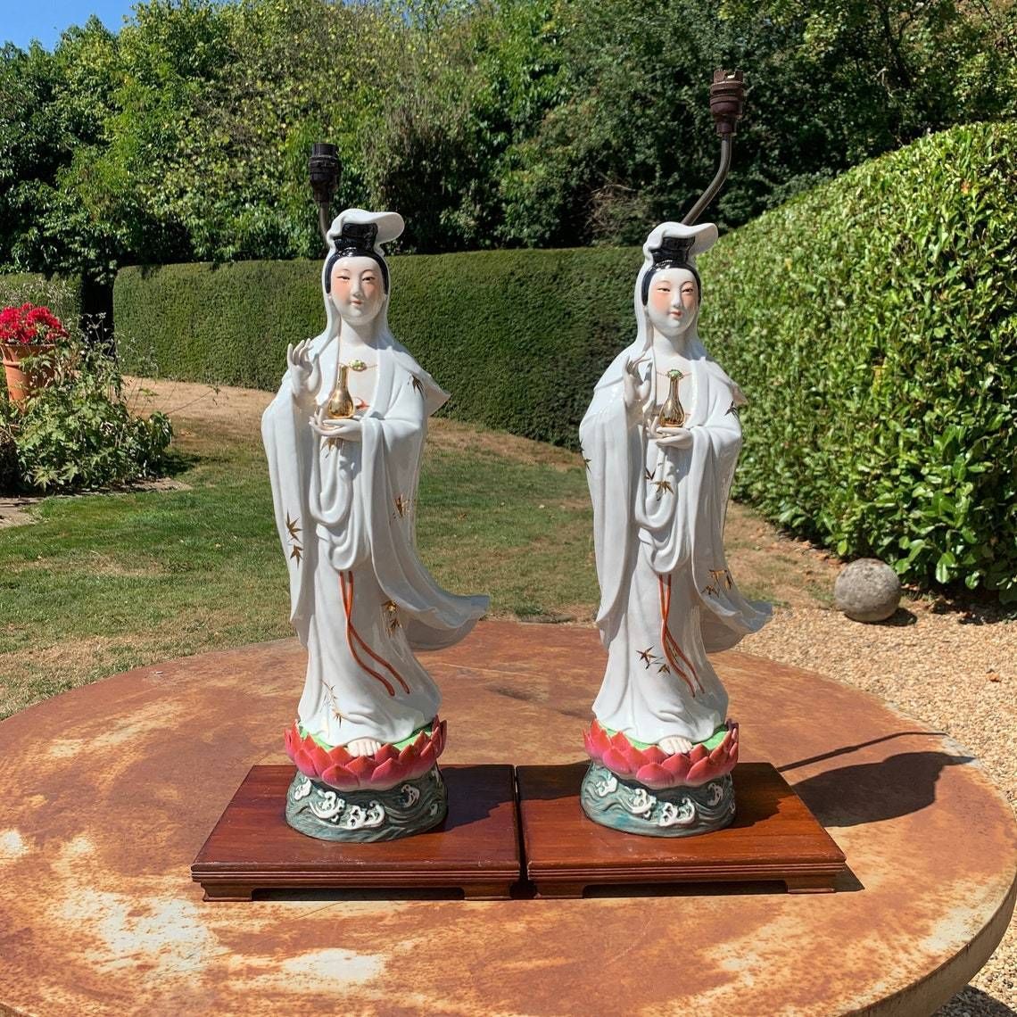 Hollywood Regency Chinese Guan Yin Porcelain Lamps