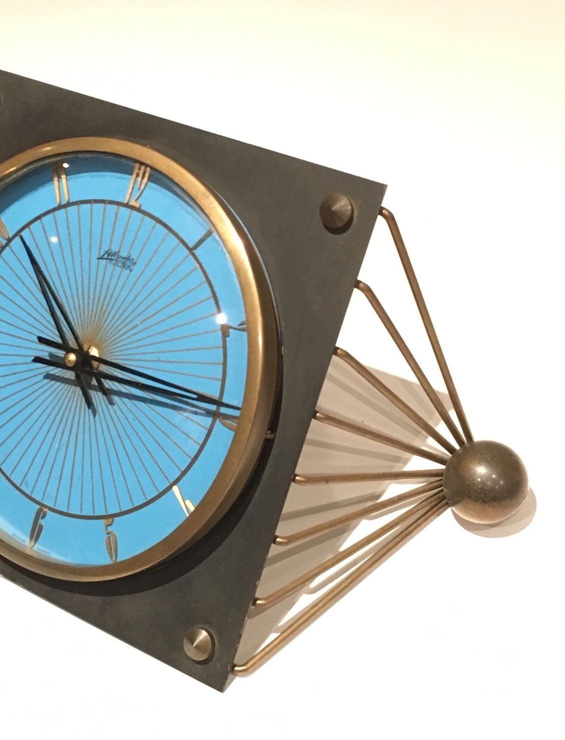 Clock In Lacquered Metal, Glass And Brass. Around 1950 photo for sale