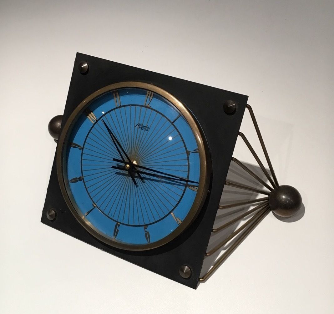 Clock In Lacquered Metal, Glass And Brass. Around 1950 photo vinterior