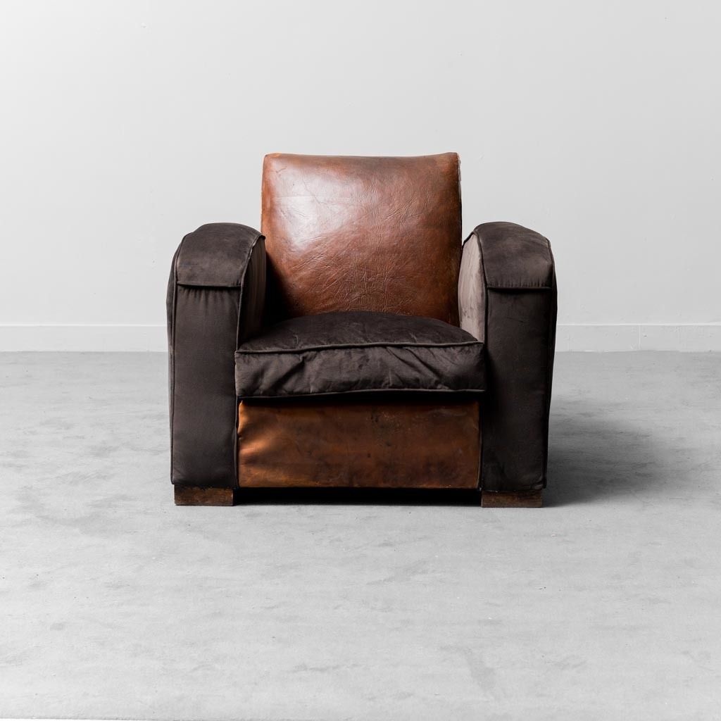 Vintage Modern 1940s Leather Velvet Club Armchair