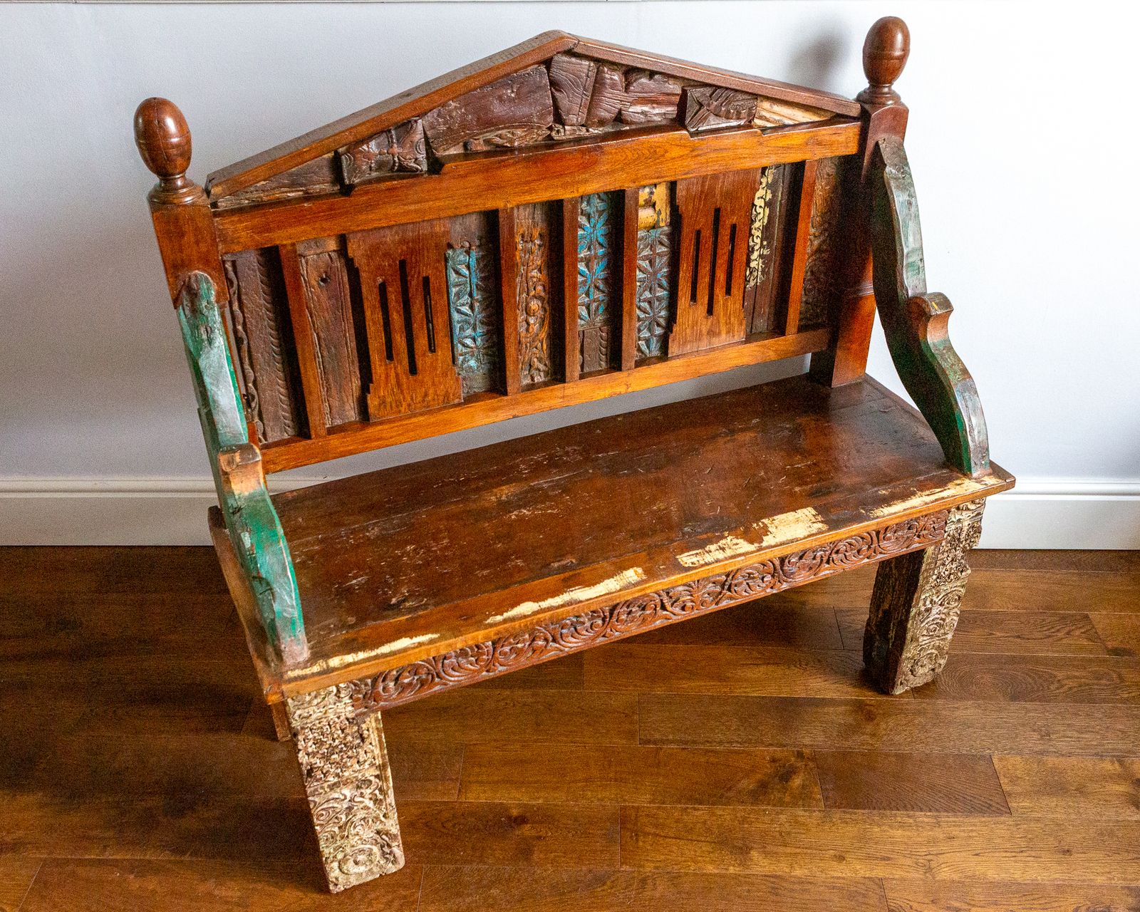 Antique Indian Carved Teak Bench Rajasthan Reclaimed Decorative Salvage Bench 19th Century photo for sale