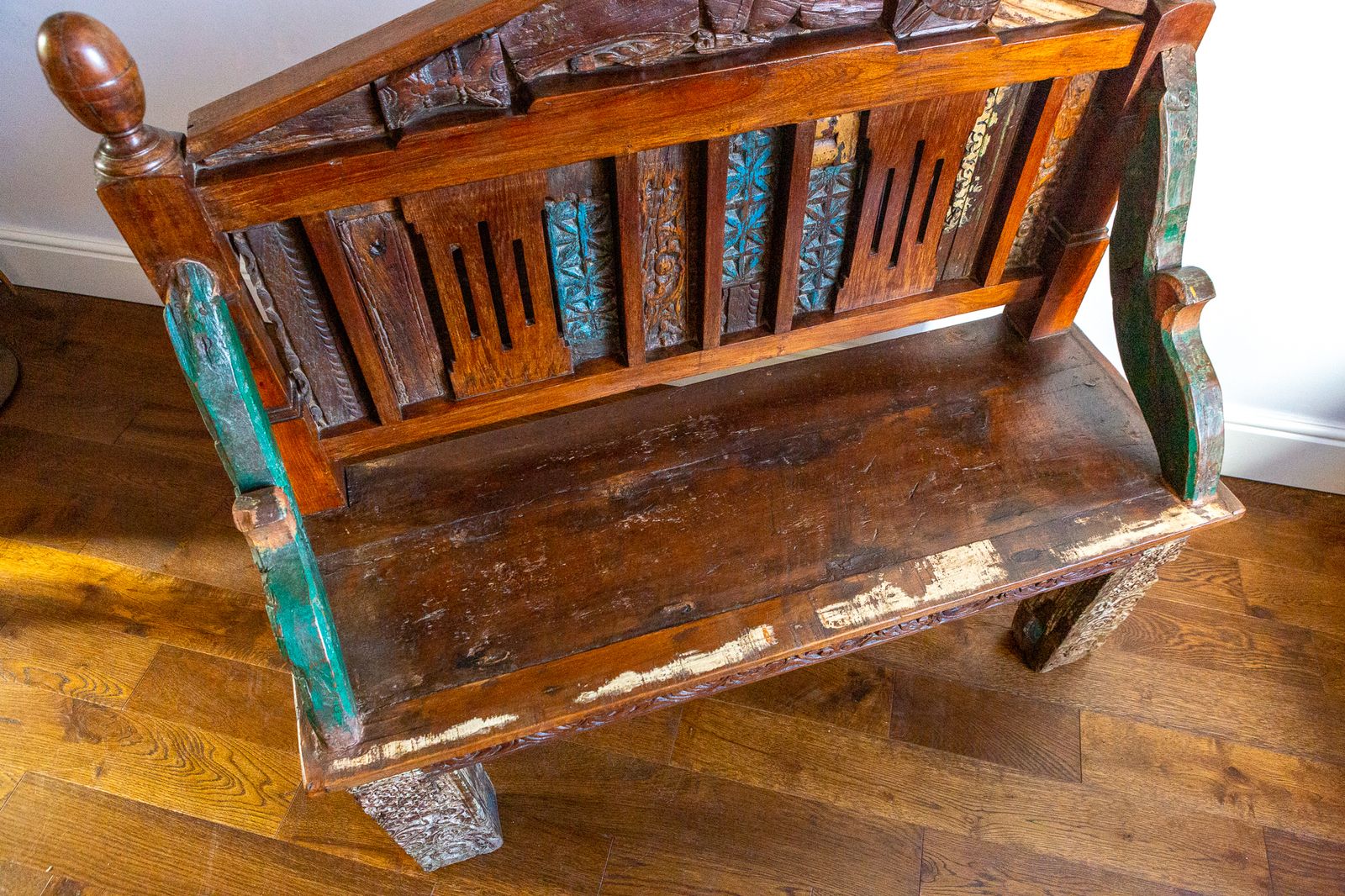 photo for sale Antique Indian Carved Teak Bench Rajasthan Reclaimed Decorative Salvage Bench 19th Century