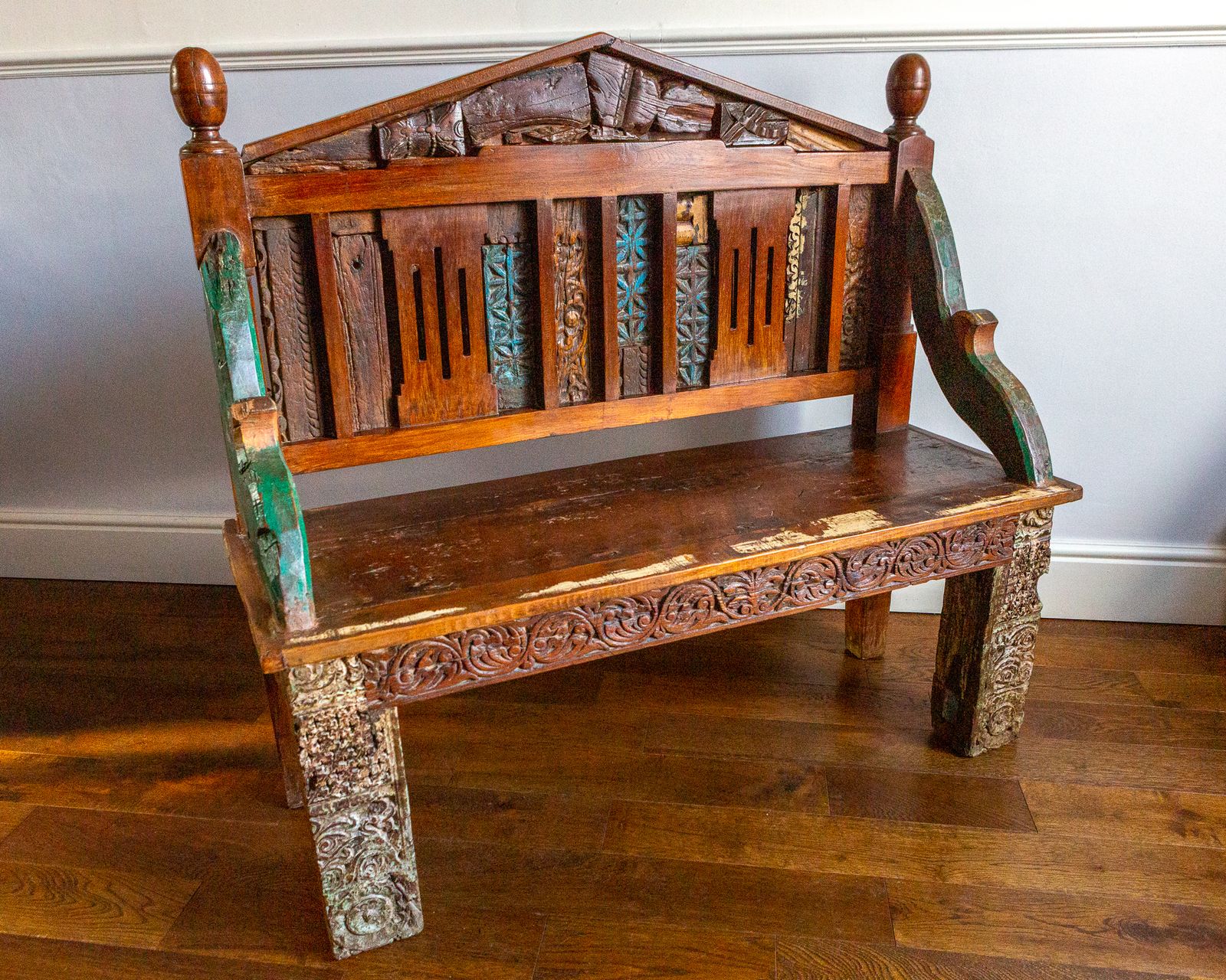 Antique Indian Carved Teak Bench Rajasthan Reclaimed Decorative Salvage Bench 19th Century photo furniture
