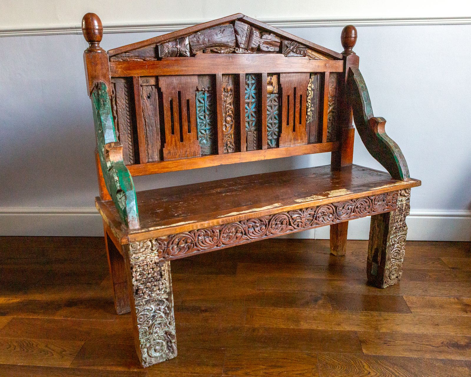 Furniture Antique Indian Carved Teak Bench Rajasthan Reclaimed Decorative Salvage Bench 19th Century photo