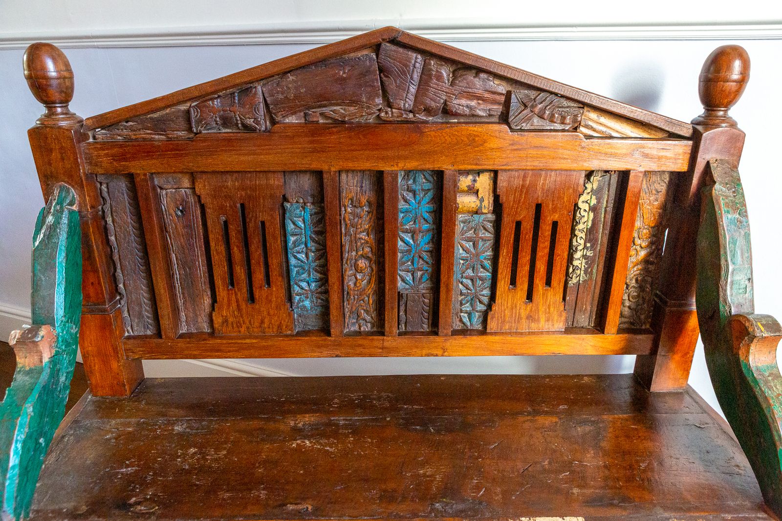 photo buy Antique Indian Carved Teak Bench Rajasthan Reclaimed Decorative Salvage Bench 19th Century