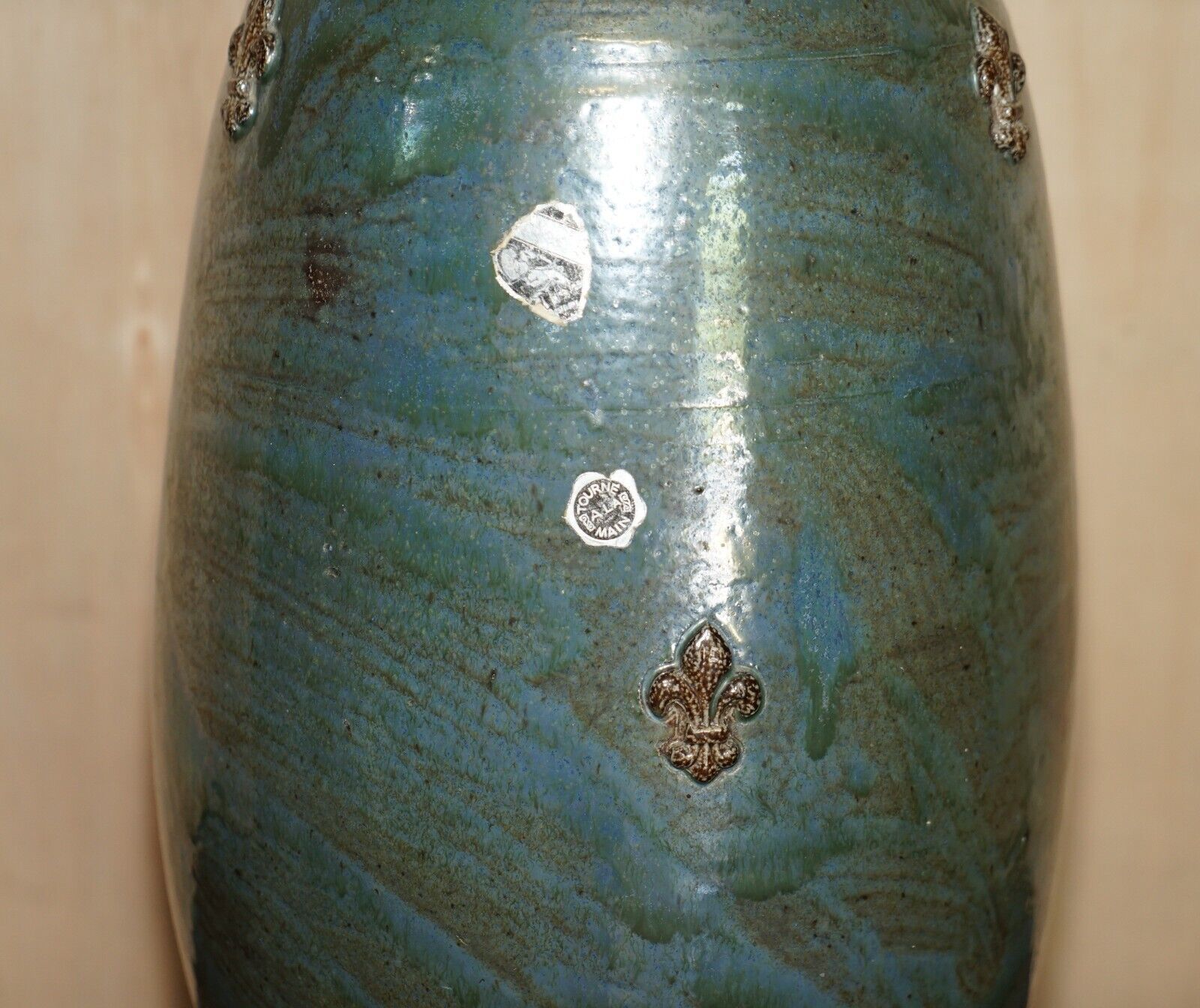 1 Of 3 Signed Roger Guerin 1930 Fleur De Lis Ceramic Stoneware Pottery Vase Pots photo vinterior