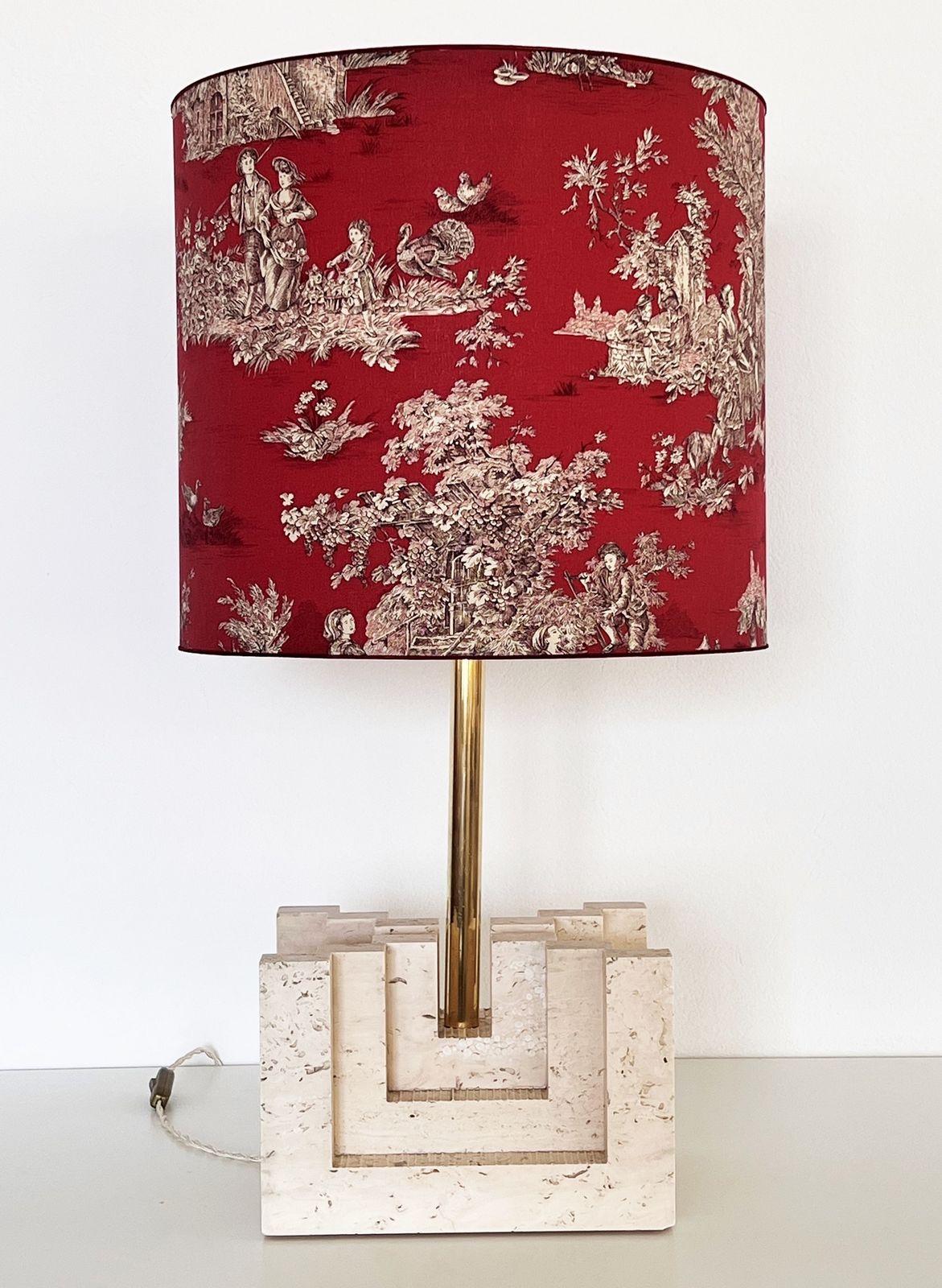 Italian Mid Century Large Travertine Marble Table Lamp With New Lampshade, 1970s