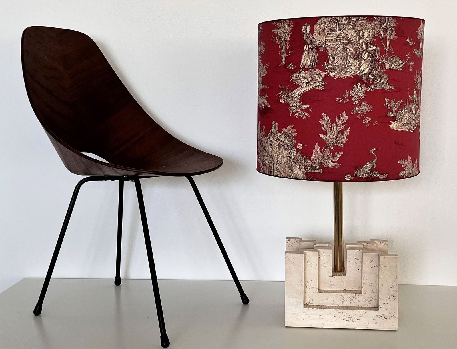 Italian Mid Century Large Travertine Marble Table Lamp With New Lampshade, 1970s photo furniture