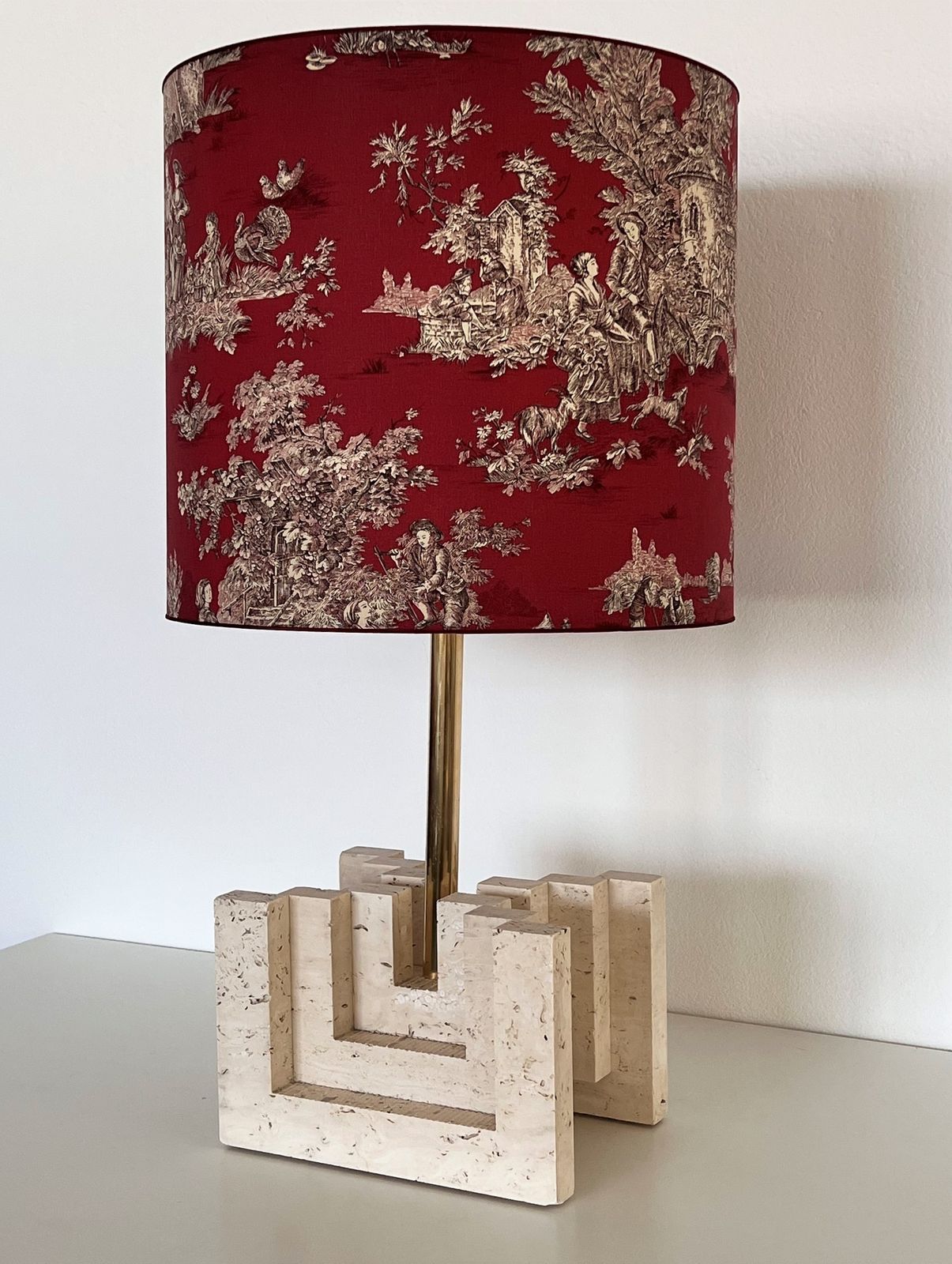 Italian Mid Century Large Travertine Marble Table Lamp With New Lampshade, 1970s photo 1922.0