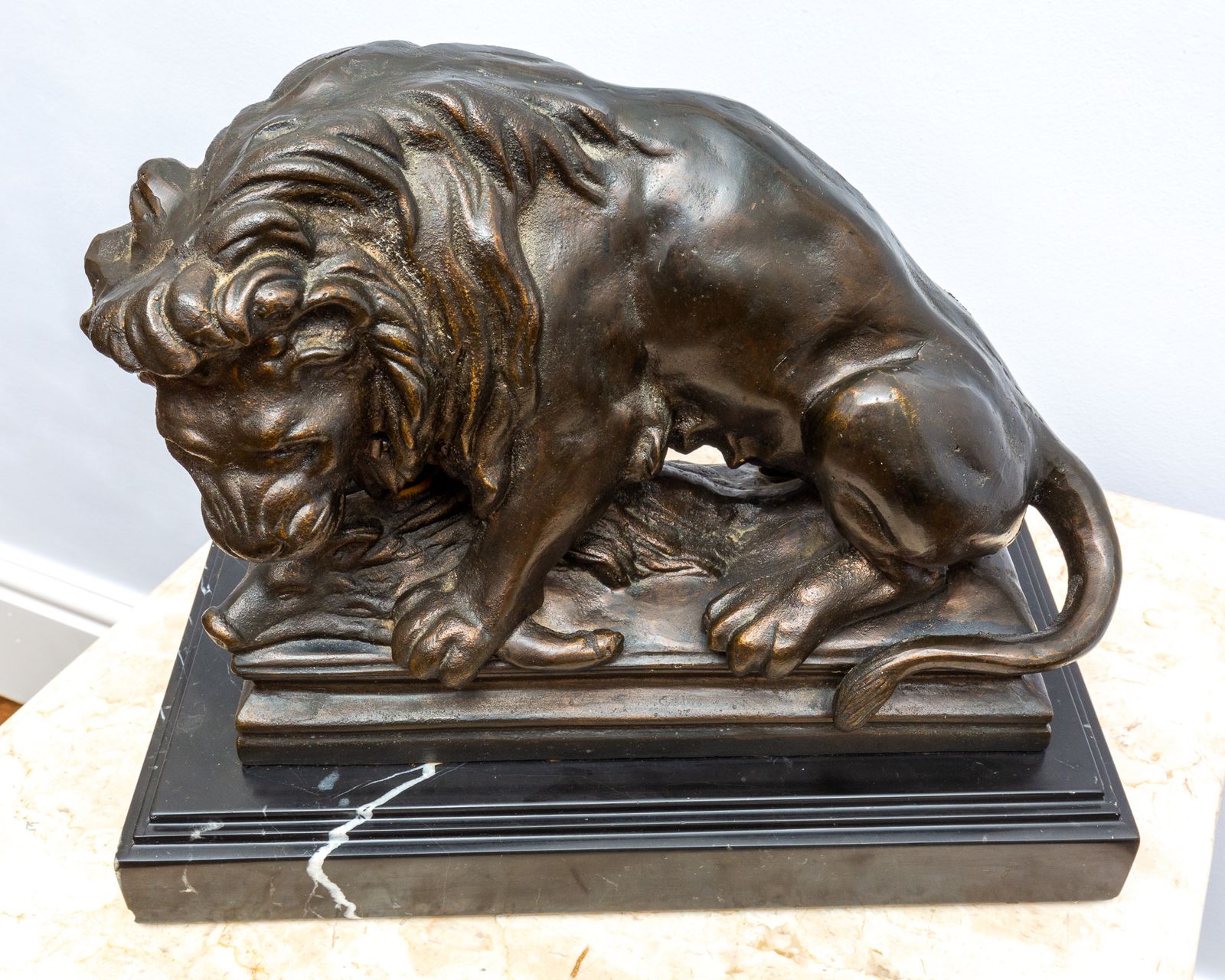 Barye School Antique Romantic Lion & Boar Statue On Marble Base Cast Iron Bronze photo furniture