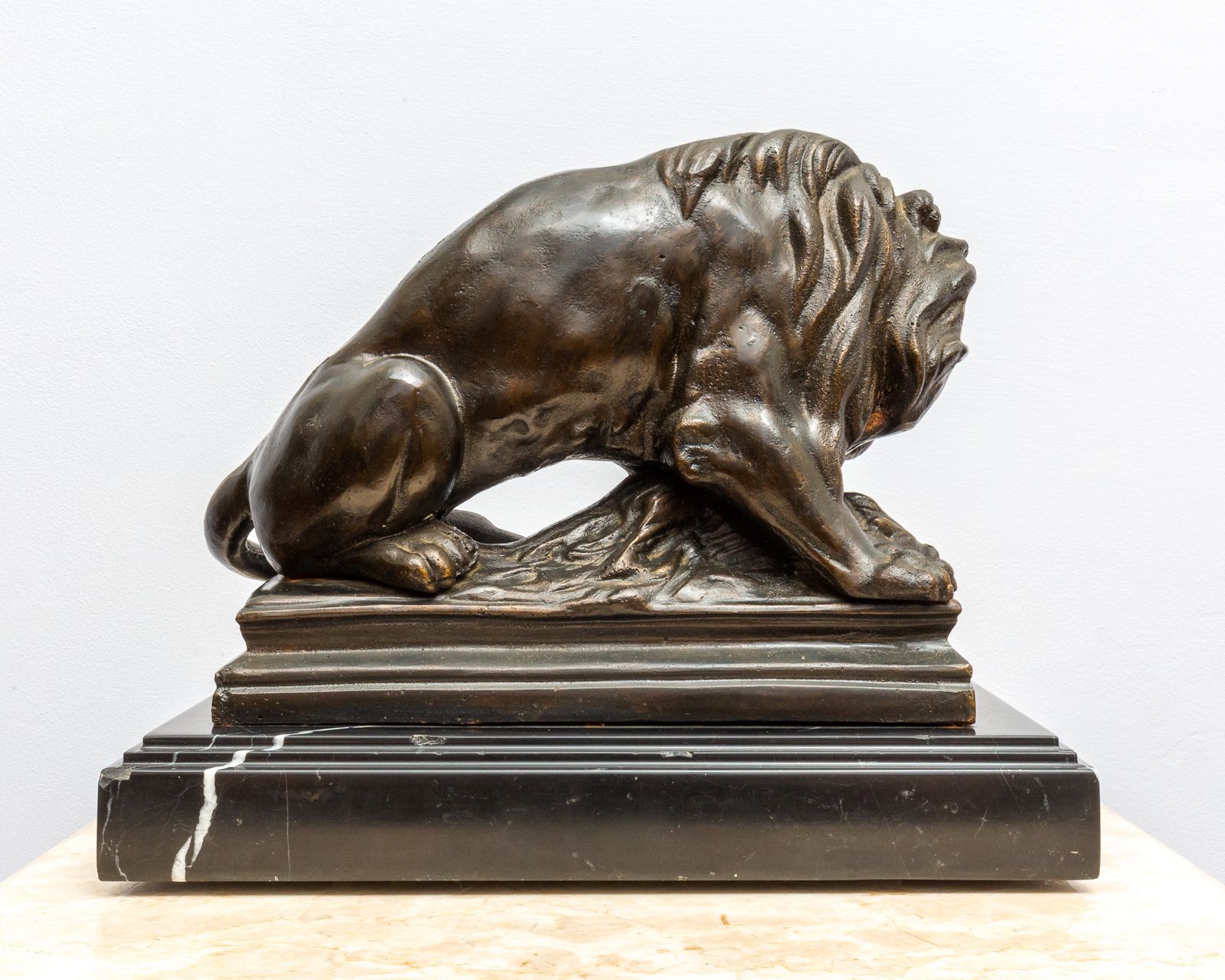 Barye School Antique Romantic Lion & Boar Statue On Marble Base Cast Iron Bronze photo for sale