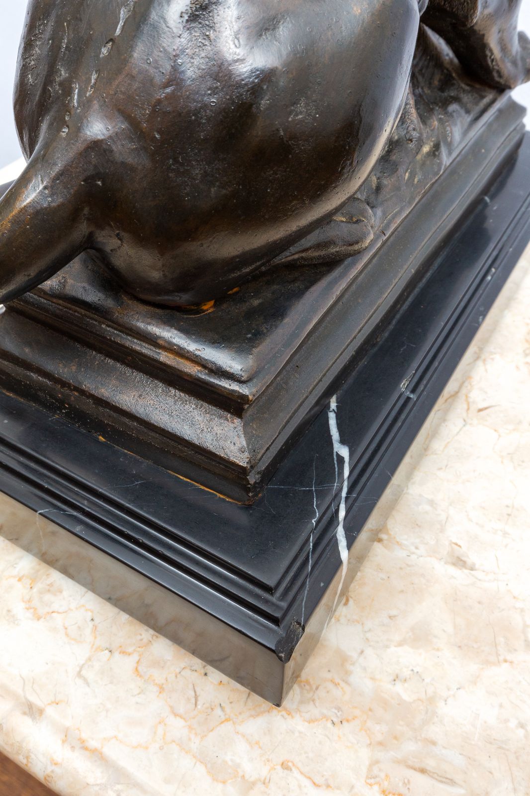 photo buy Barye School Antique Romantic Lion & Boar Statue On Marble Base Cast Iron Bronze