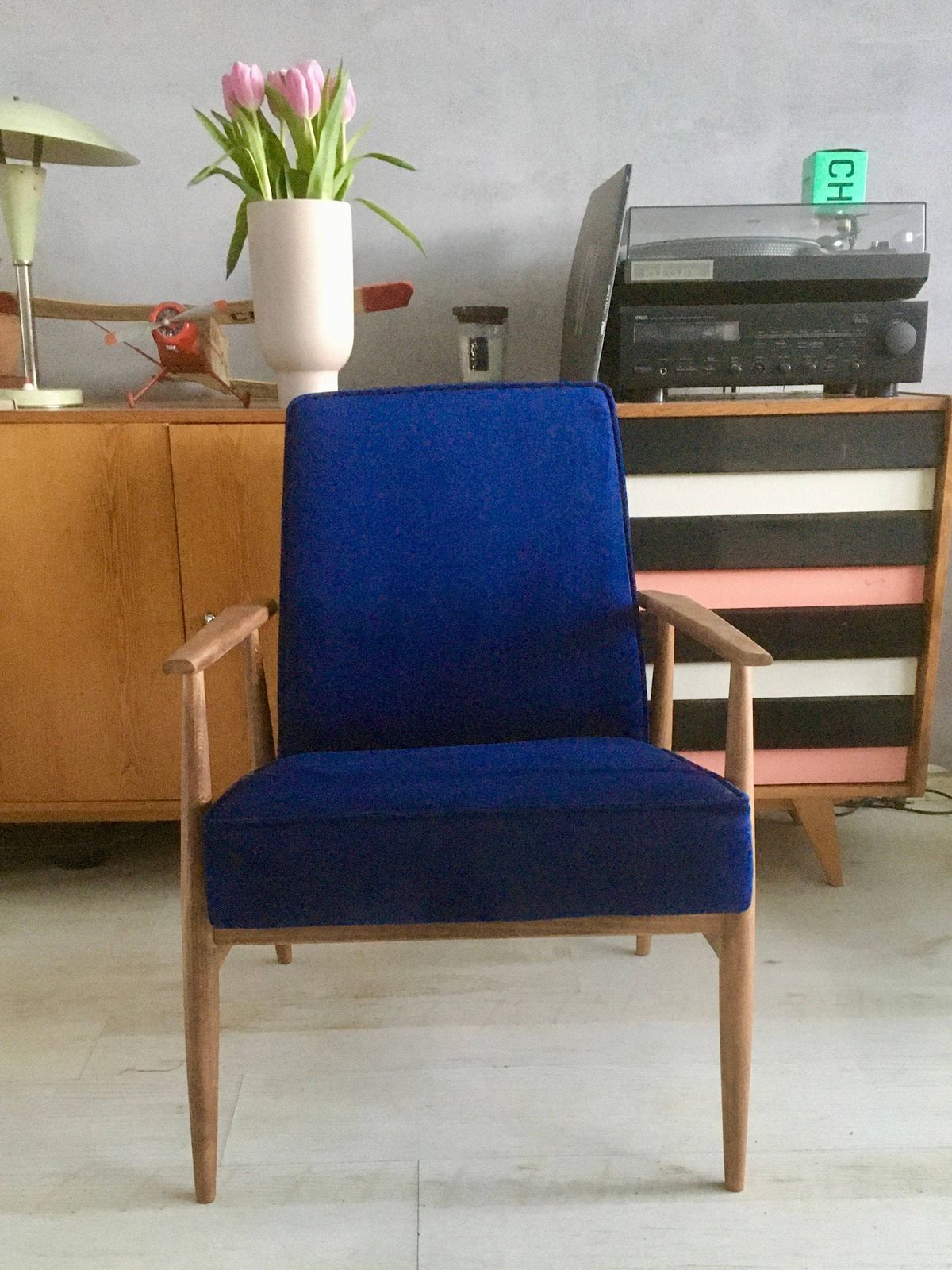 Original Vintage Polish Armchair 300 190 From Mid Century In Navy Blue Velvet Personalization! photo furniture