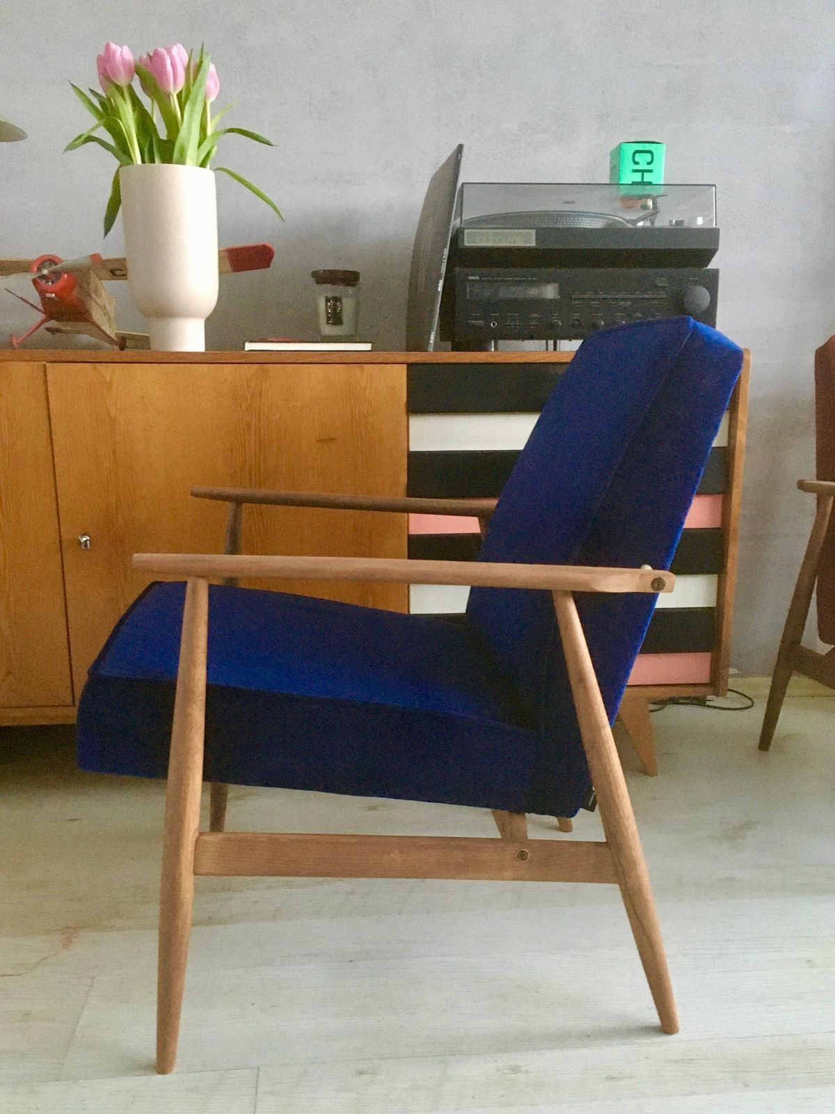 Original Vintage Polish Armchair 300 190 From Mid Century In Navy Blue Velvet Personalization! photo buy