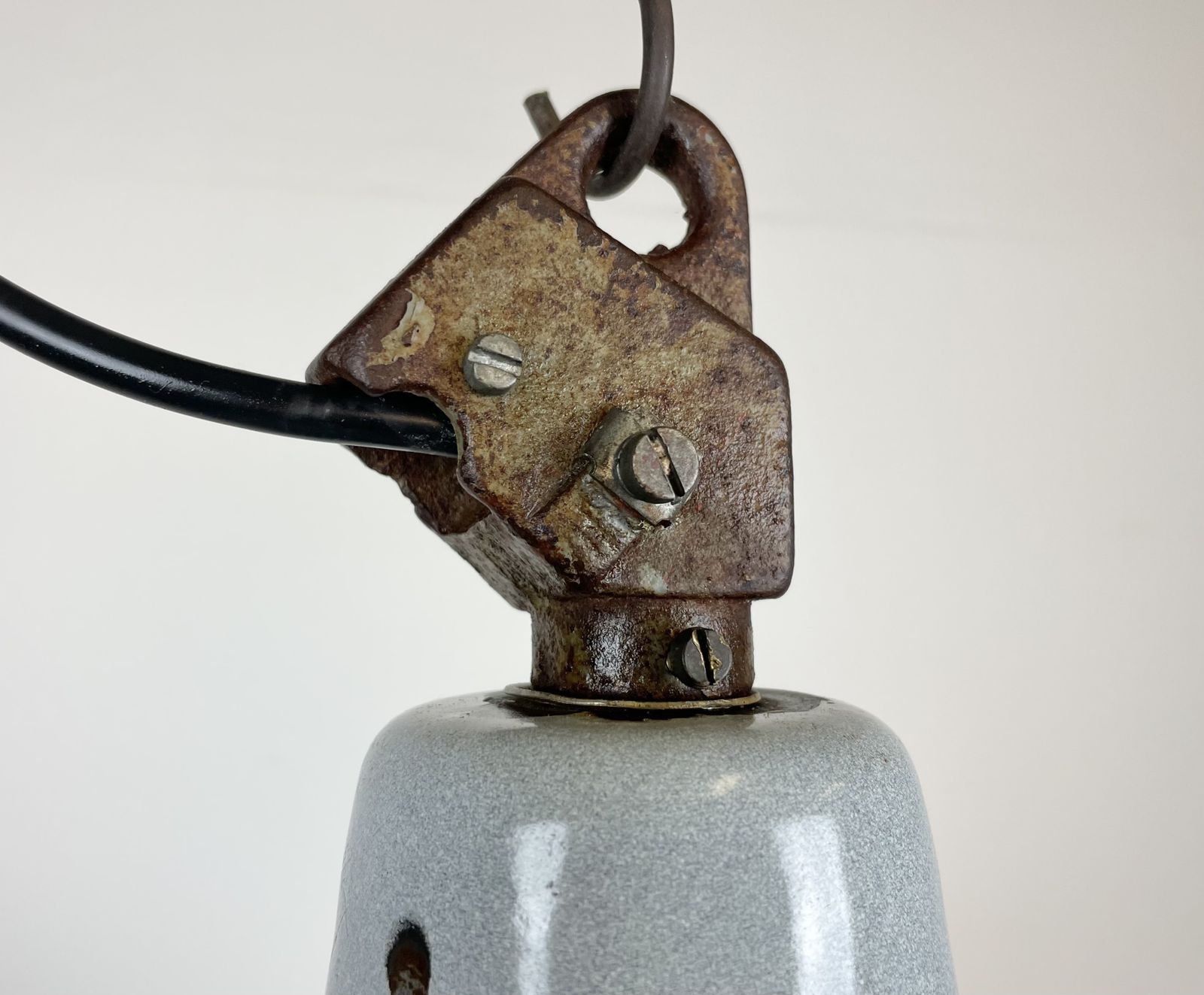 Industrial Grey Enamel Factory Lamp With Cast Iron Top, 1960s  2x photo for sale