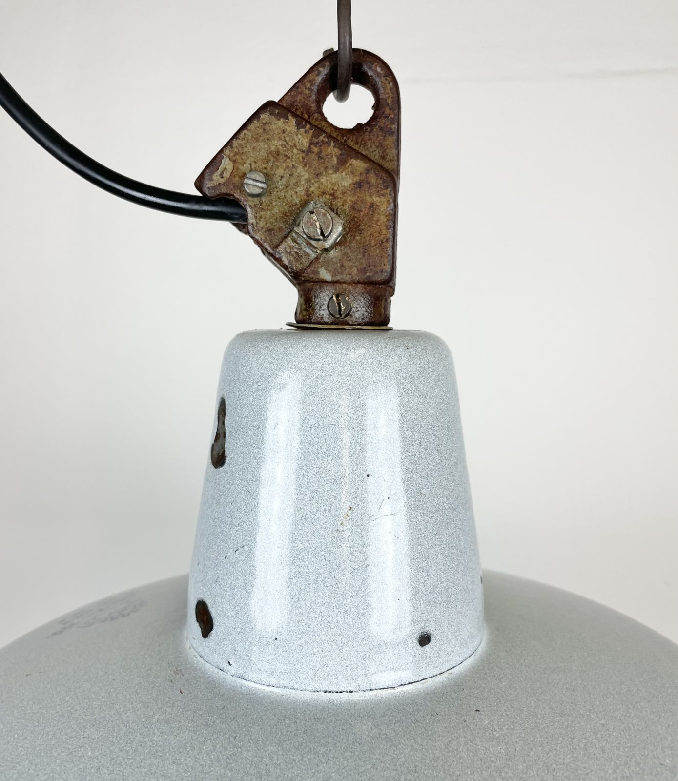 Industrial Grey Enamel Factory Lamp With Cast Iron Top, 1960s  2x photo 199.0