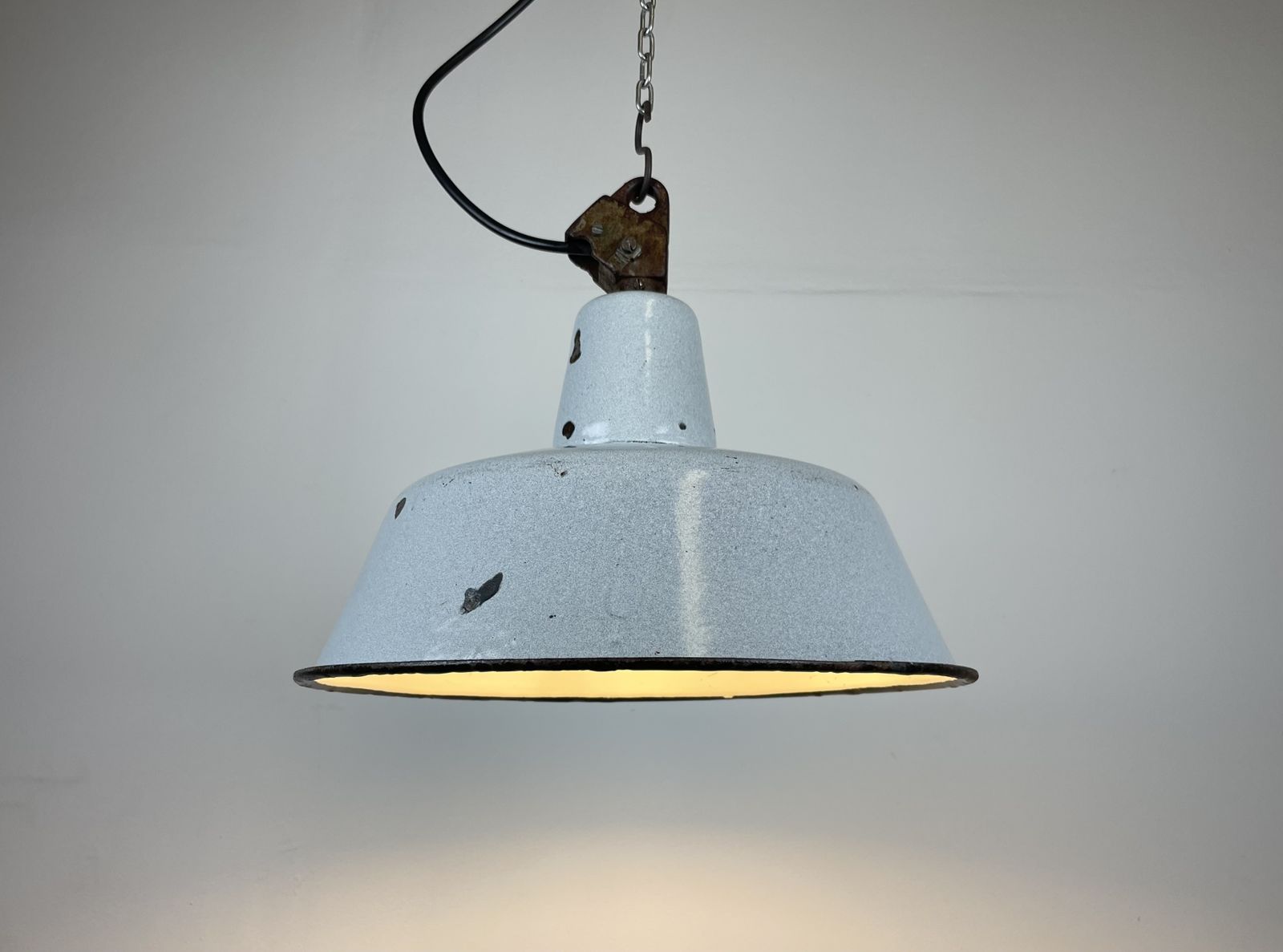Lighting Industrial Grey Enamel Factory Lamp With Cast Iron Top, 1960s  2x photo