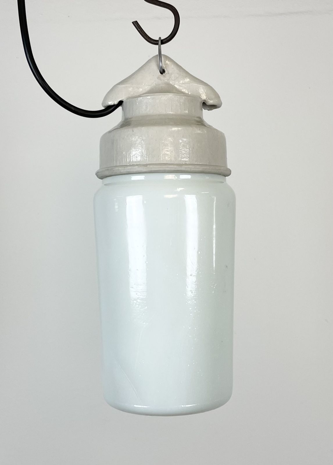 Industrial White Porcelain Pendant Light With Milk Glass, 1970s, 4x photo for sale