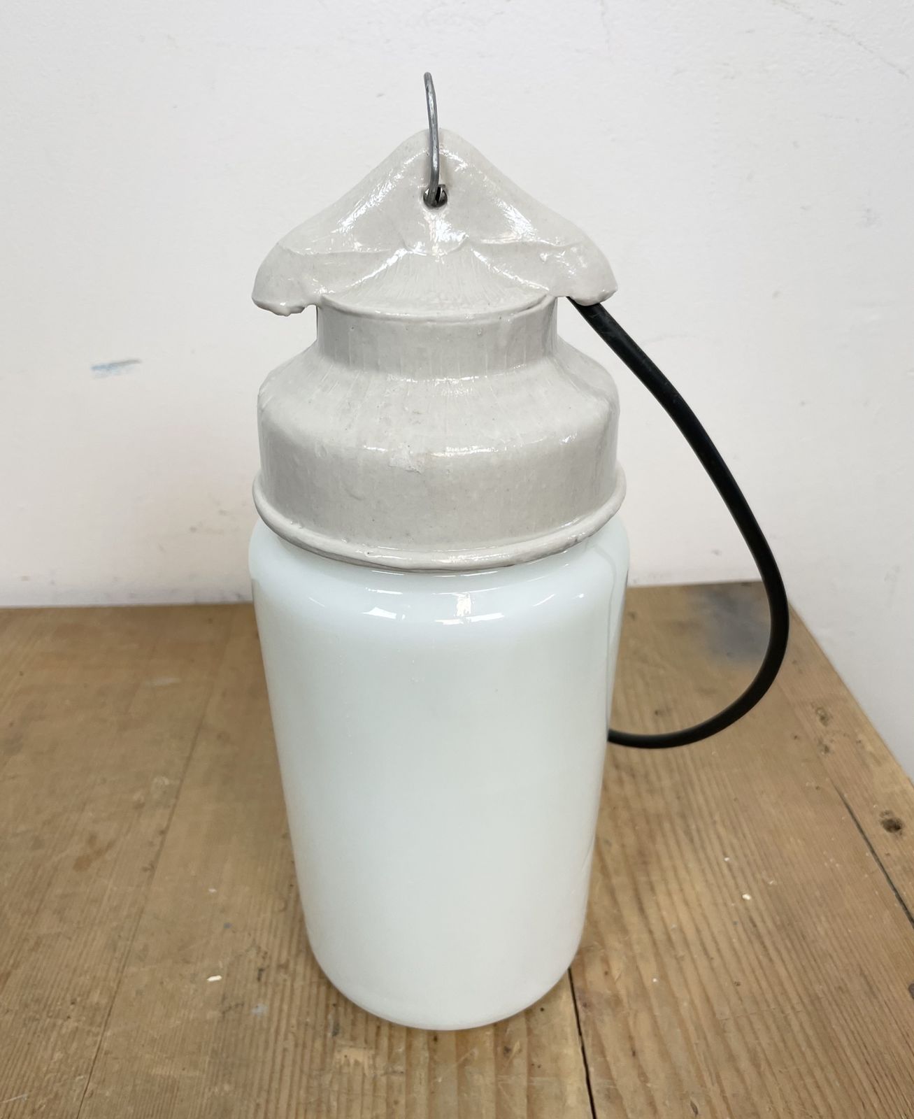 149.0 Industrial White Porcelain Pendant Light With Milk Glass, 1970s, 4x photo