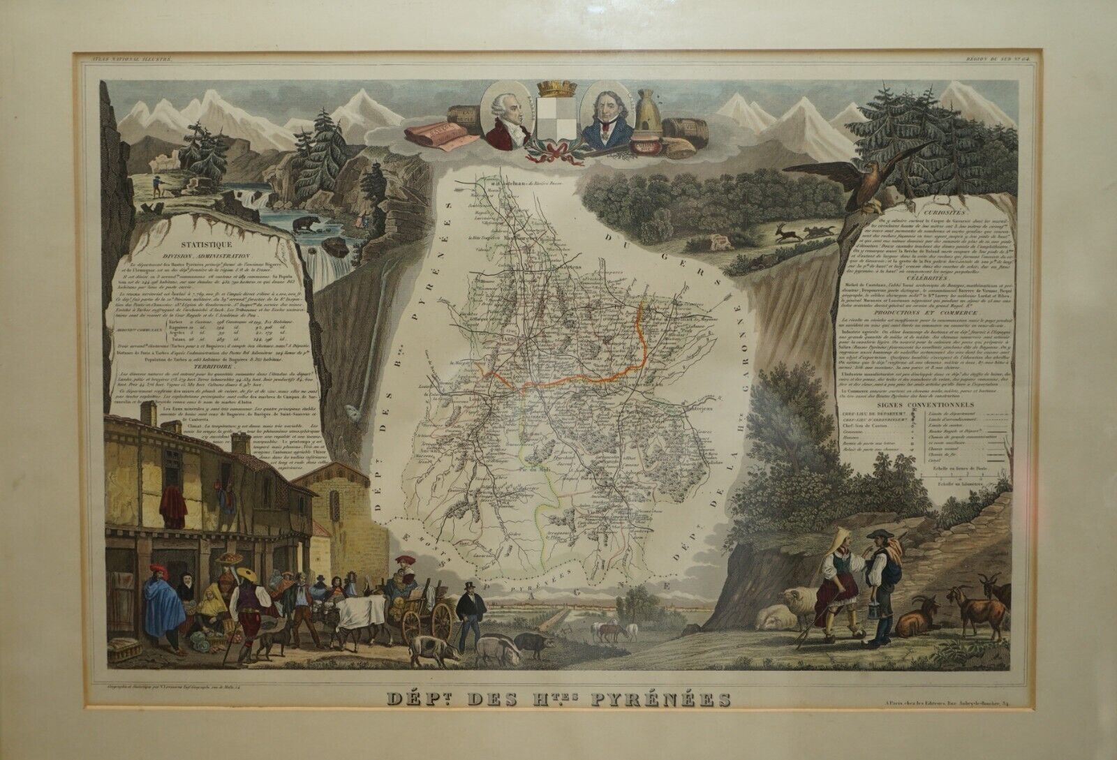 Fine French Antique 1856 Hand Watercolour Map Of Dept Des Hautes Pyrenees photo furniture