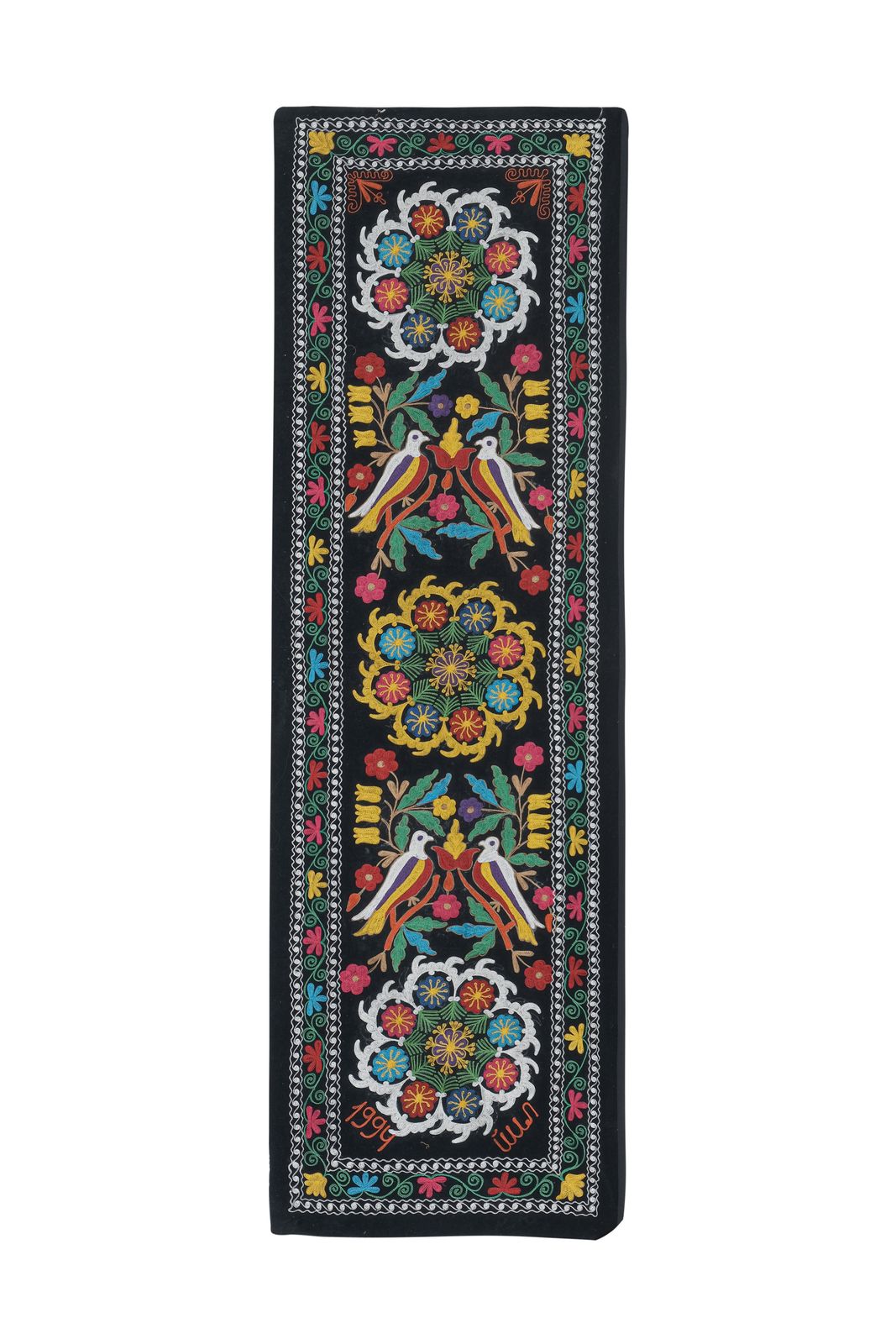 Colorful Velvet Suzani Table Runner, Handmade Decorative Uzbek Fabric, Bird Motifs Suzani Wall Decor 1'7" X 12'4"