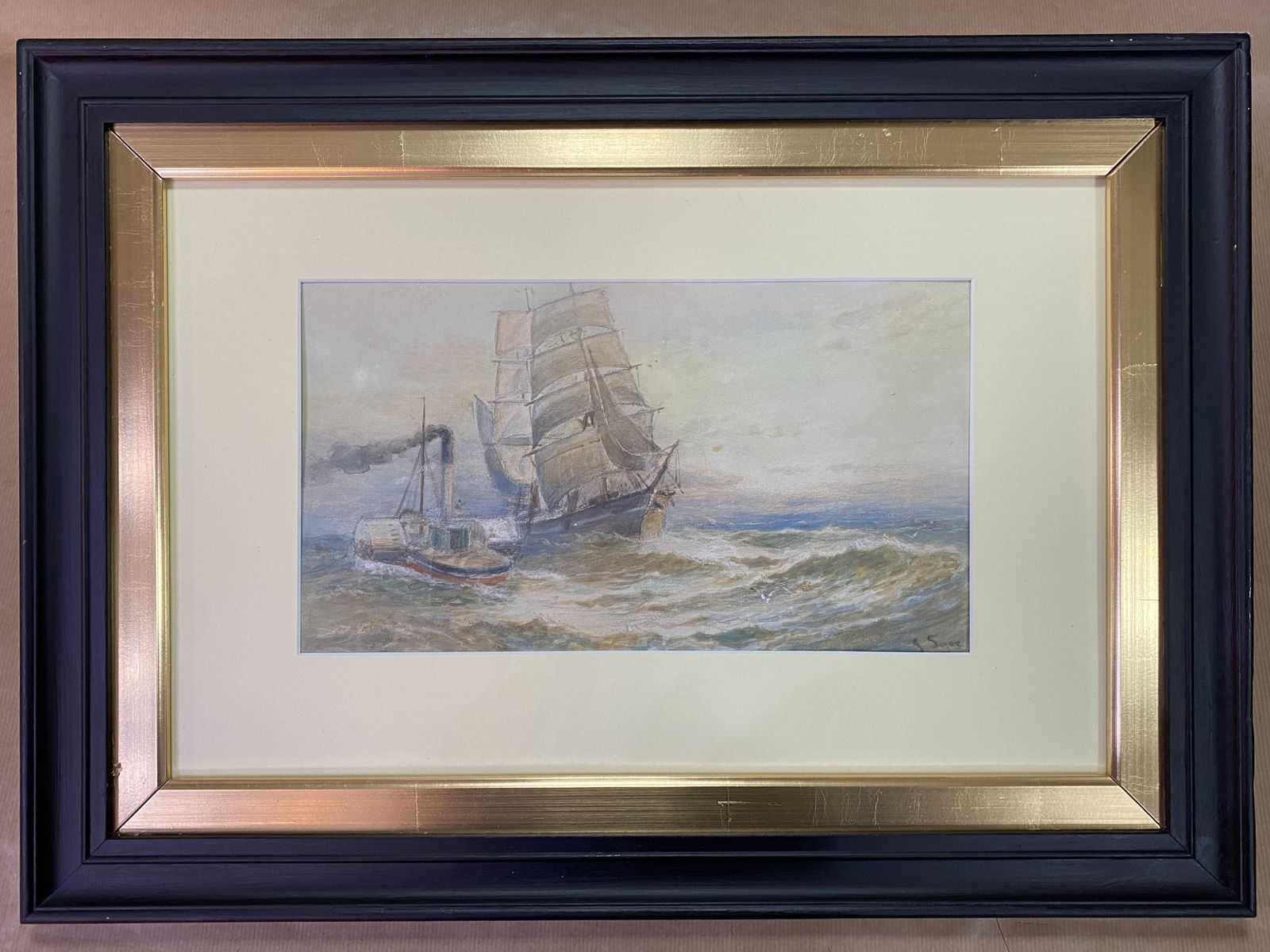 Watercolour Painting   19th Century  "Ship And Steamboat" By J Syer