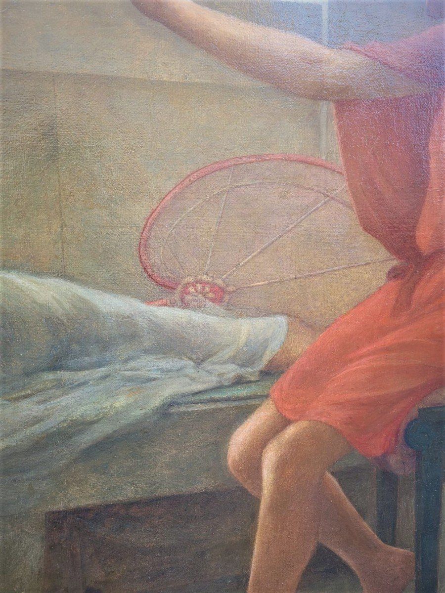 Large Neoclassical Oil On Canvas, "Young Emperor With Muses", 19th Century photo Art