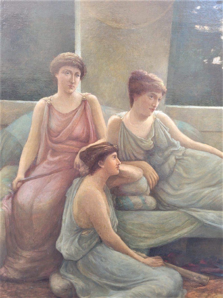 4074.0 Large Neoclassical Oil On Canvas, "Young Emperor With Muses", 19th Century photo