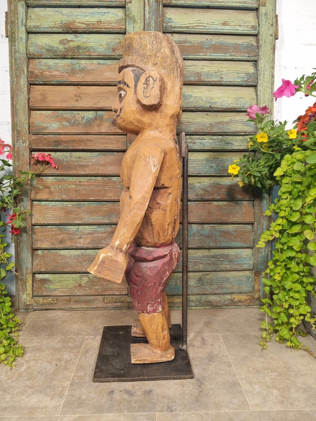 Antique Indian Hand Carved Wooden Painted Sculpture On Stand photo vintage