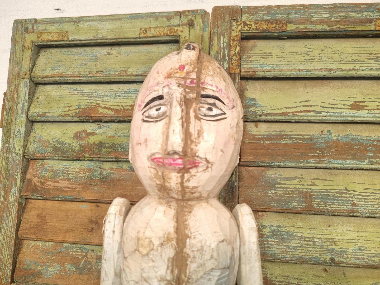 Antique Indian Hand Carved Wooden Painted Sculpture On Stand photo for sale
