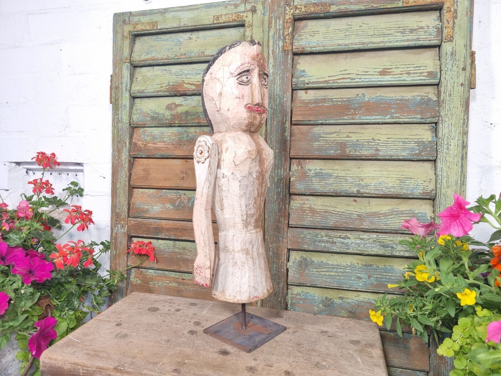 Antique Indian Hand Carved Wooden Painted Sculpture On Stand photo Art