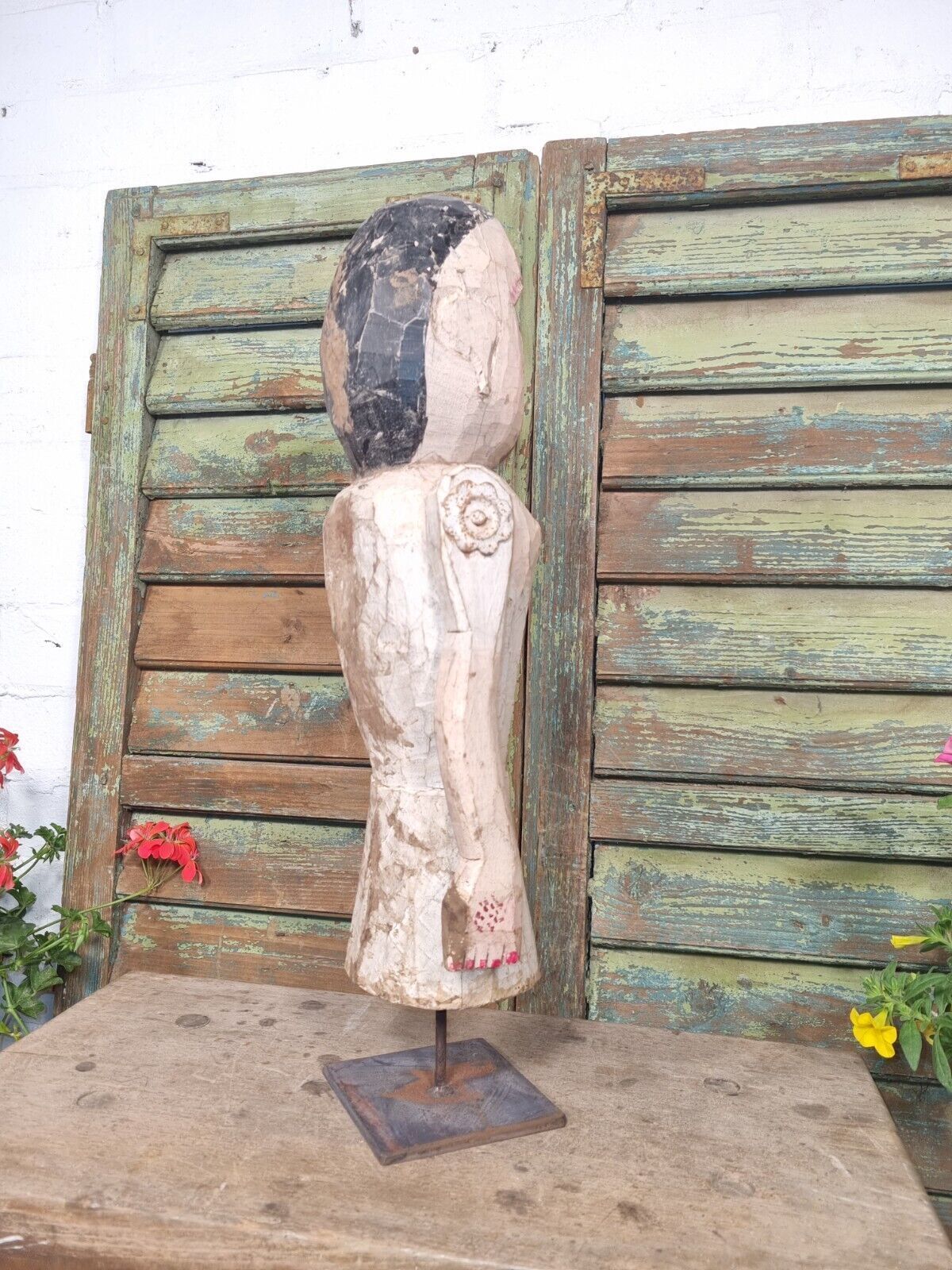 Antique Indian Hand Carved Wooden Painted Sculpture On Stand photo 225.0