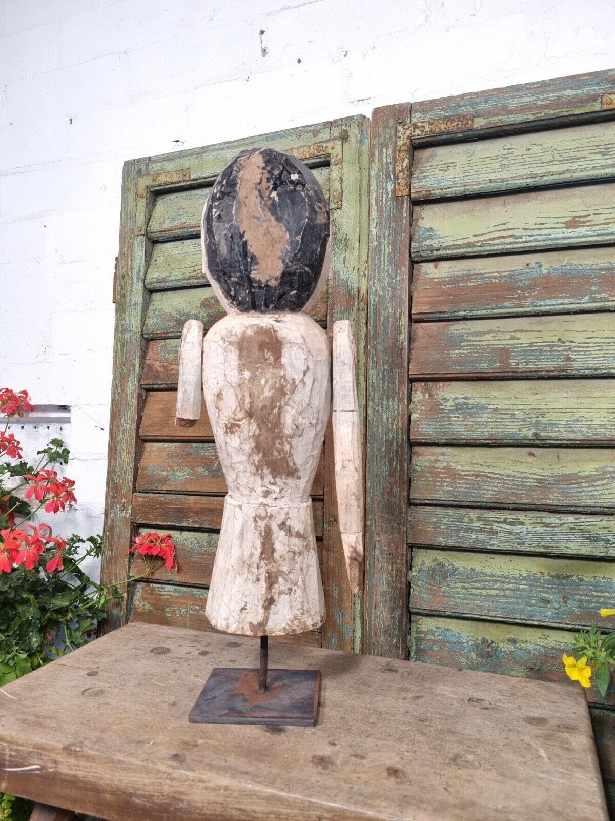 Antique Indian Hand Carved Wooden Painted Sculpture On Stand photo vinterior